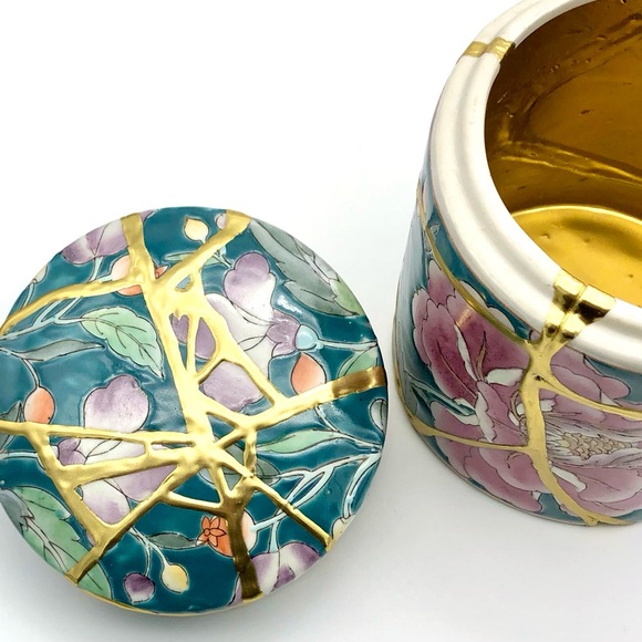 Kintsugi Container Stash Pot Chinese Floral Porcelain Gold Crack Growth Gift - Picture 9 of 13